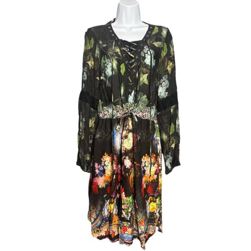 Amelia New York Floral Lace‎ Up Midi Dress Size 12 Black Cotton Rayon Boho Indie